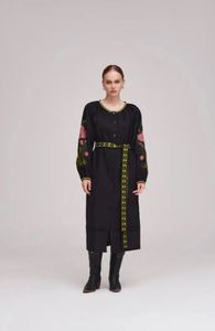 เดรสยาวคอวีสีดำแขนยาวปักลายดอกไม้, เดรสยูเครนทรงหลวมชายหาดลำลองสไตล์โบฮีเมียนสำหรับฤดูใบไม้ผลิฤดูใบไม้ร่วง - Product Image 5