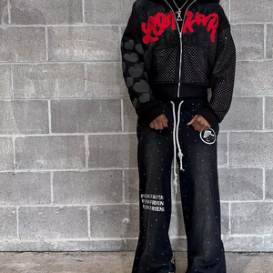 Custom Logo <b>Distress</b> Embroidery Tracksuit Men <b>Top</b> Trendy Product Heavyweight 500 GSM Rhinestone Zipper Tracksuits for Men's - Product Image 4