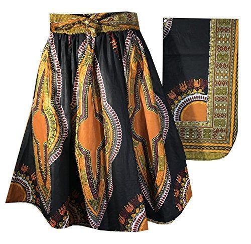Falda Larga Africana Dashiki Con Pañuelo | 2 Piezas, Cintura Alta Y Elástica Para Eventos Y Diario