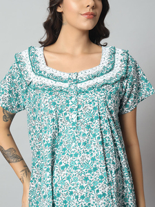 Camisón de encaje 100% algodón para mujer, de manga media, largo completo, transpirable, con estampado floral, elegante, informal, suave, para verano y otoño - Product Image 4