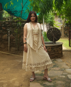 Conjunto bohemio de falda choli y kimono de algodón orgánico con estampado de bloques, conjunto de falda RePro de 3 piezas beige - Product Image 5