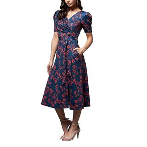 Vestido Midi de estilo dulce para mujer, informal, con cuello en V, 100% de poliéster, manga corta, cinturón, sólido, diario, Otoño, transpirable, lavable - Product Image 1