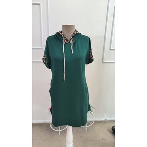 Women's Short-Sleeved Hooded <b>Dress</b> with Neckline Tie and Pocket Details, <b>Viscose</b> Two-Thread <b>Dress</b>, 36494 - Green - Product Image 4