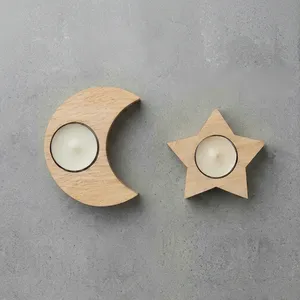 Porte-bougies en bois de manguier en forme de lune et d'étoile, décoration intérieure, sans gouttes, sans parfum, faits à la main, écologiques - Product Image 1