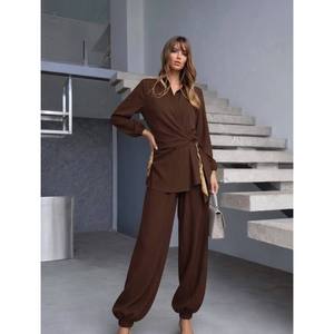Mybeefashion Women's Brown Belted Two-Piece Set with Long Sleeve Shirt and Full Length <b>Trousers</b> for Casual Wear - Product Image 3