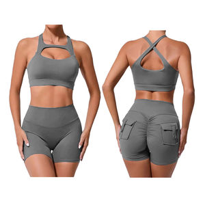 Ensemble de gymnastique 2 pièces grande taille pour femmes marque privée short de yoga côtelé doux sans couture extensible caractéristiques de fitness motif solide - Product Image 4