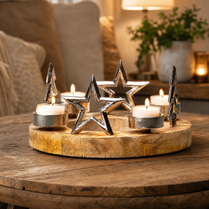 Handcrafted Metal <b>Star</b> Tea <b>Light</b> Candle Holder with Wooden Base, Rustic Home Decor Centerpiece for Christmas Tabletop Decoration - Product Image 2