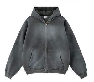 Custom Unisex Acid Washed Long Sleeve Fleece <b>Hoodie</b> Jacket Vintage Style Regular Fit <b>Zip</b>-up Solid Pattern Front Logo Breathable - Product Image 4