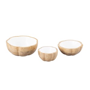 Tazones de Coco Hechos a Mano Ecológicos al por Mayor, de Madera de Mango Natural, con Interior Esmaltado Blanco, Decorativos y Festoneados - Product Image 1