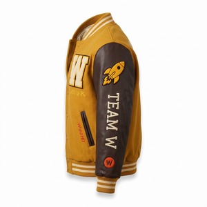 Veste universitaire en chenille toute intégrale avec patchs, jaune moutarde, manches en cuir marron, style original Letterman, OEM - Product Image 3