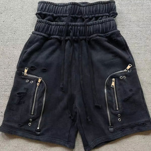 New Custom High Quality Streetwear Vintage Patch Sun Faded Distressed Double Waist Elastic Waist Baggy 100% Cotton <b>Sweat</b> <b>Shorts</b> - Product Image 6