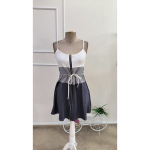 Women's Spaghetti Strap Front Zippered Waist-Tie Multicolored Short Viscose Two-Thread <b>Dress</b>, 34509 - Gray - Product Image 5