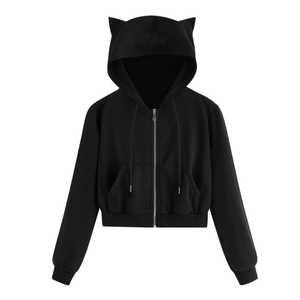 Sudadera con capucha personalizable de lana 100%, Sudadera con capucha y orejas de gato, Top corto con cremallera y bolsillo, sudaderas con capucha sólidas bordadas OEM de manga larga - Product Image 6