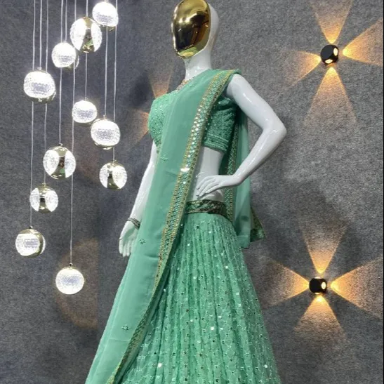 Nouvelle fête de haute qualité Designer indien bleu menthe vert brodé attrayant fête porter soie Lehenga choli a un ajustement régulier