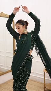 นักออกแบบที่สวยงามพร้อมที่จะสวมใส่ส่าหรีขนสัตว์เทียมฤดูหนาวพร้อมพิมพ์ลายดิจิตอลและเสื้อลูกไม้แฟนซี - Product Image 4