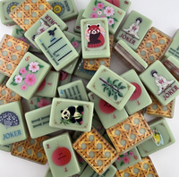 Jeu de Mahjong américain en acrylique double couche, personnalisé, avec motif prune et panda, dos en rotin tressé de bambou imprimé à l'intérieur