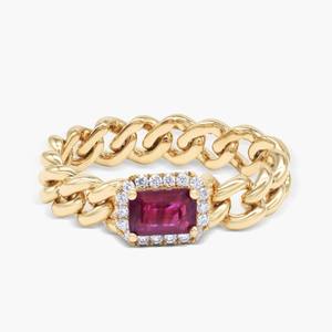 Bague Halo en Or 14K avec Rubis Naturel Rectangulaire Taille Émeraude et Chaîne Cubaine, Pierre de Naissance de Juillet, Bijou Cadeau pour Elle - Product Image 4