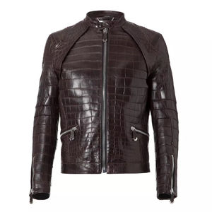 Veste de luxe en cuir de vache brun foncé avec tissu en toile effet peau de serpent, imperméable et respirante, mode d'hiver - Product Image 1