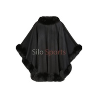Cape longue en cachemire et laine noire pour femme, finition OEM, douce, avec bordure en fourrure de renard, épaisse, faible MOQ, mode hiver chauffante