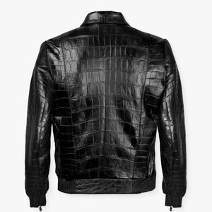 Chaqueta de Cuero, Nueva, con Grabado de Cocodrilo, Negra, de Cuero Vacuno Genuino, Estilo Bomber - Product Image 5