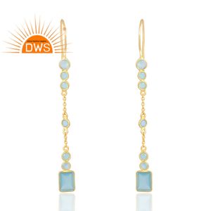 Dernière vente en laiton plaqué or 18 carats Aqua calcédoine pierre précieuse balancent boucle d'oreille Demi bijoux fins pour les femmes cadeau pour elle - Product Image 1