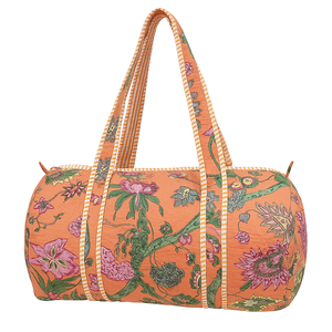 Bolsa de lona acolchada de algodón estampada hecha a mano con estampado floral naranja | Weekender Durable Sport Gym & Travel Bag - Product Image 1