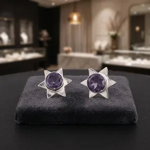 Hermosos pendientes de plata de ley 925 con gemas de lolita morada en forma de estrella, hechos a mano, para mujeres y niñas, ideales para usar en fiestas. - Product Image 1
