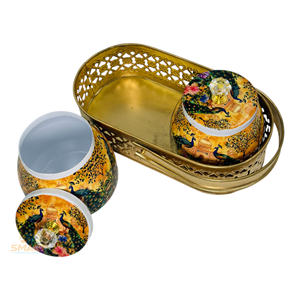 Tarro de fruta seca con diseño de Pichwai impreso de hierro con juego de cesta de Metal para cocina para decoración de festivales, almacenamiento de alimentos para regalos - Product Image 1