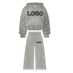 Personalizado de peso pesado desgastado bordado Sunfaded Zip up ácido lavado con capucha Flare pantalones de chándal conjunto Vintage chándal - Product Image 4