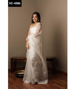 Estilo moderno indio suave Tabby Organza lentejuelas bordadas trabajo con bordado Arco corte borde Sari con blusa Banglory de satén - Product Image 1