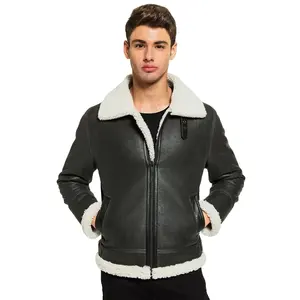 Winter Warm All Black Faux Fur Real Sheep Leather Custom Jacket For Men Fur Collar Man Vintage Shearling Leather Black Jacket