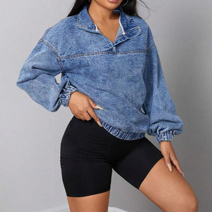 Nouvelle veste en jean vintage personnalisée à la mode veste à épaules tombantes à demi fermeture éclair coupe régulière avec poches vestes en jean de rue pour femmes - Product Image 3