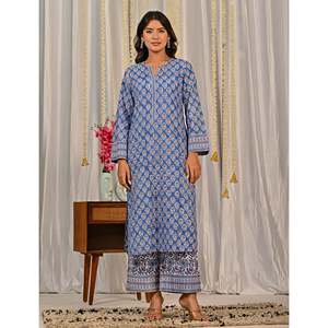 Blue <b>Block</b> <b>Printed</b> Anarkali Kurta Pant Set Indian Ethnic Style Cotton Net Fabric Embroidery Party Wear for Special Occasions - Product Image 4