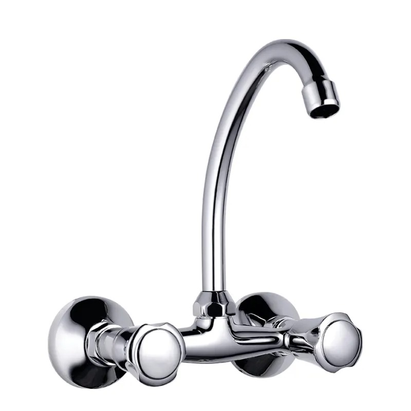 Good Quality Wall Mounted Faucet Economic Kitchen Water Tap Double Handles Brass Sink Mixer