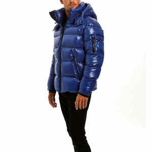 Blouson Bomber Homme Bleu Brillant à Imprimé Léopard, Capuche, Isolant, Rembourré, Chaud, Hiver, Casual, Finition Brillante, Fermeture Éclair - Product Image 3