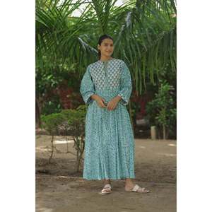 Women's Cotton Midi Dress Hand <b>Block</b> <b>Printed</b> Floral Boho Chic Flowy Gown with Long Sleeves and Pockets Sustainable Leisurewear - Product Image 1