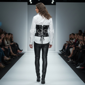 Corset sculptant la taille en vinyle PVC noir brillant, avec baleines en acier et fermeture frontale à agrafes - Product Image 6