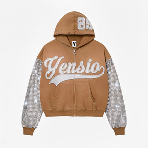 Vente en gros Design personnalisé brodé strass hommes fermeture éclair 100% coton diamant automne sweat à capuche pour hommes et jeunes - Product Image 1