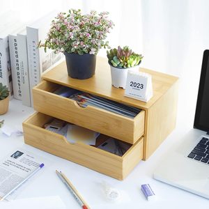 Bamboo Desk Organizer Makeup <b>Storage</b> Drawer 2 Drawers Tabletop <b>Storage</b> Organization <b>Box</b> Home Office Workspace Bathroom - Product Image 3