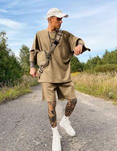 Streetwear d'été décontracté pour hommes, survêtement en coton délavé à l'acide, ensemble 2 pièces t-shirt et short - Product Image 4