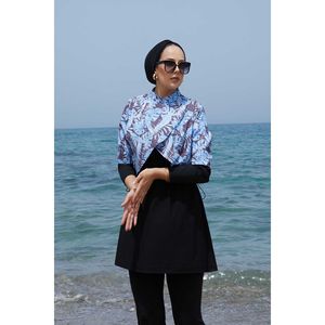 Maillot de bain islamique modeste bleu à motif hypoallergénique taille haute XL, tenue de plage écologique, emballage individuel - Product Image 2