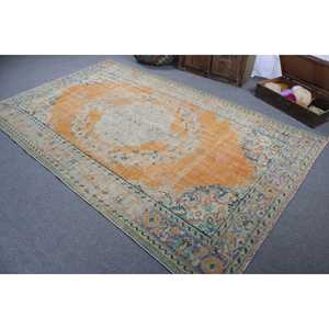 Tapis turc, grand tapis de 5,8 x 9,4 pieds, tapis en laine orange et bleu - Product Image 4