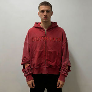 Sudaderas con Capucha para Hombre, Color Borgoña, con Cierre, Logotipo Personalizado, Bordado en Relieve, Estilo Desgastado, Vintage, Lavado, Talla Grande, Casual - Product Image 3