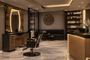 Commercial Barber Shampoo Unit <b>LED</b> <b>Mirror</b> Salon Station Black Basin Wood Grain Cabinet with Open Shelf - Product Image 5
