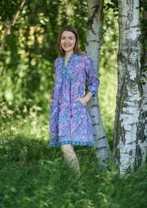 Hand Block Printed Cornflower Dress Bohemian Cotton Casual Occasional Pure Cotton Handcrafted Ethical Fashion Floral Lilac - Product Image 3