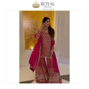 Meilleure collection de vêtements de style indien pour les fêtes, collection de designers de vêtements en faux georgette avec broderie de sequins, costume Sharara - Product Image 6