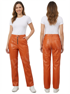 100% Original Genuine Leather <b>Trousers</b> Women High Waist Slim Fit Side Slit Pockets Front Zip Casual Everyday Wear <b>Pants</b> Women's - Product Image 6