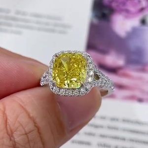IGI Certified 3.50tcw Fancy Yellow Cushion Cut Lab Diamond VS Clarity Women's Engagement <b>Ring</b> Halo <b>Split</b> Style - Product Image 5