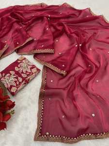 Sari de seda de diseñador indio de Bollywood para mujer con la última blusa Hermoso trabajo pesado étnico y Sari de trabajo de secuencia de color rojo - Product Image 3