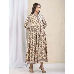 For Cream Grey Jaal Printed Cotton Long <b>Dress</b> Casual Hippie <b>Goth</b> Party Style Breathable ODM Customizable Sizes Including 5XL One - Product Image 4
